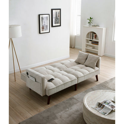 Divano letto a due posti in ciniglia beige da 75,6 pollici con porta di ricarica USB e schienale regolabile per soggiorno