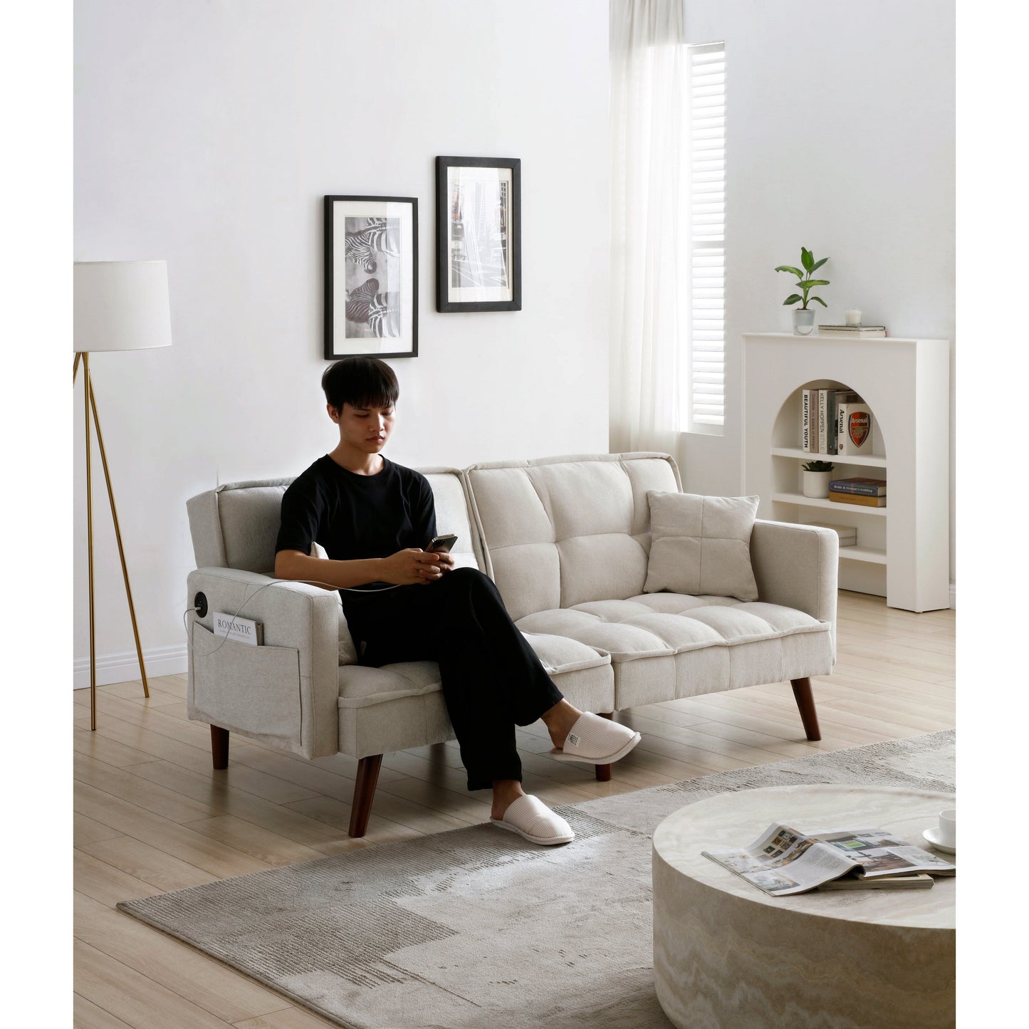 Divano letto a due posti in ciniglia beige da 75,6 pollici con porta di ricarica USB e schienale regolabile per soggiorno