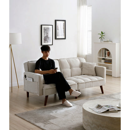 Divano letto a due posti in ciniglia beige da 75,6 pollici con porta di ricarica USB e schienale regolabile per soggiorno