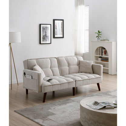 Divano letto a due posti in ciniglia beige da 75,6 pollici con porta di ricarica USB e schienale regolabile per soggiorno