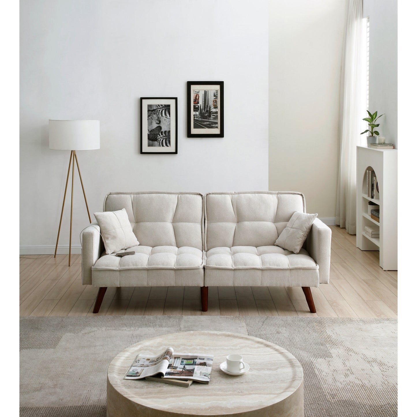 Divano letto a due posti in ciniglia beige da 75,6 pollici con porta di ricarica USB e schienale regolabile per soggiorno