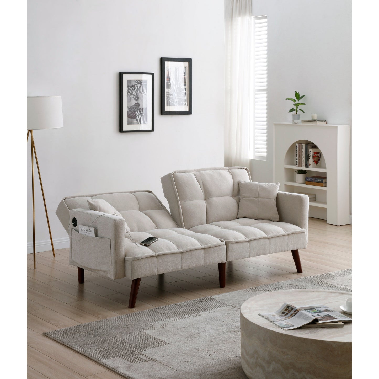 Divano letto a due posti in ciniglia beige da 75,6 pollici con porta di ricarica USB e schienale regolabile per soggiorno