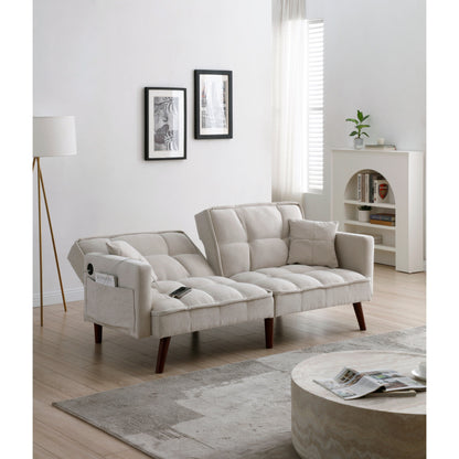 Divano letto a due posti in ciniglia beige da 75,6 pollici con porta di ricarica USB e schienale regolabile per soggiorno