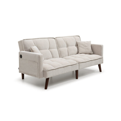 Divano letto a due posti in ciniglia beige da 75,6 pollici con porta di ricarica USB e schienale regolabile per soggiorno