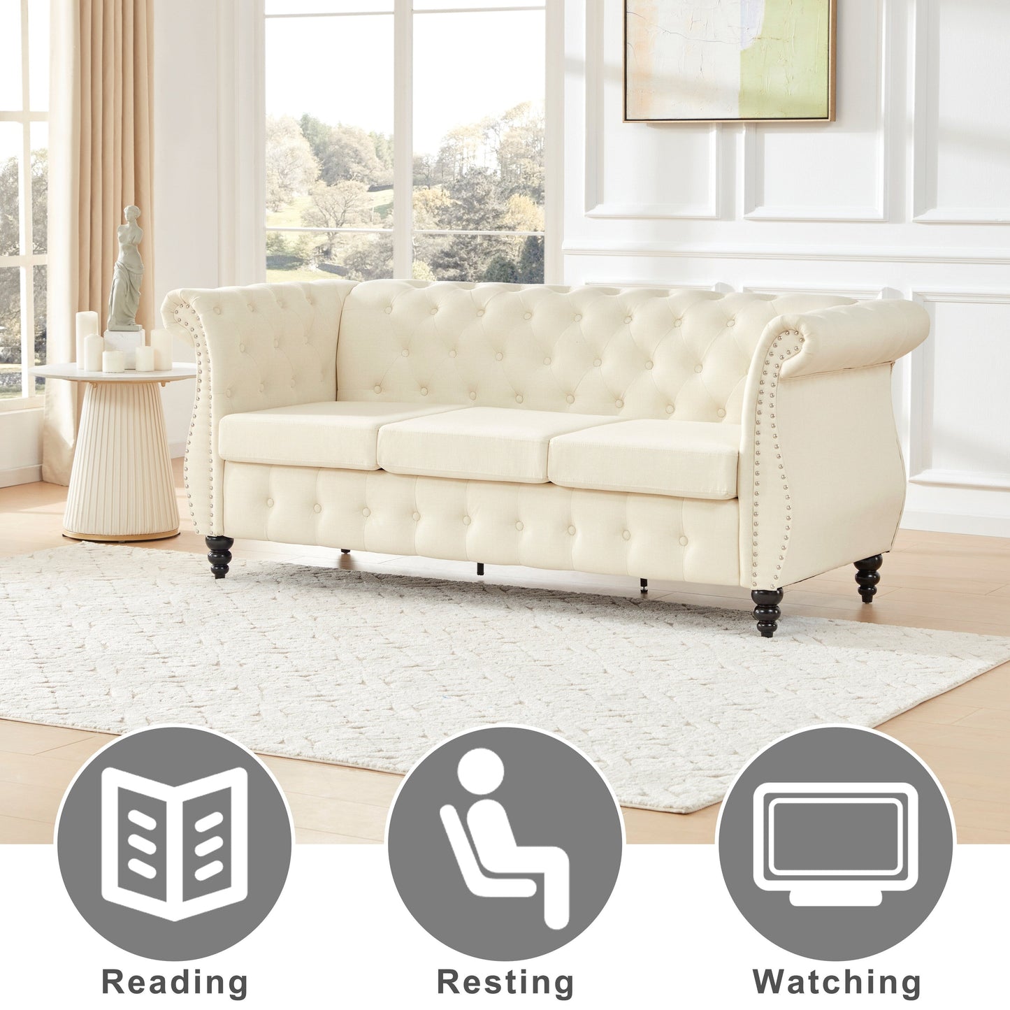 Divano Chesterfield in lino beige da 78,7'', 3 posti con braccioli arrotolati, capitonné e dettagli con borchie