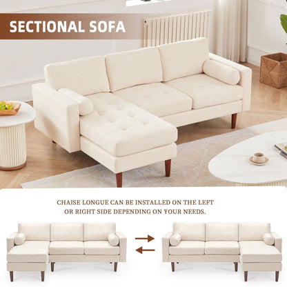 Divano componibile a L a 3 posti in lino beige 80 con chaise longue reversibile, cuscini di seduta trapuntati e robusta struttura in legno