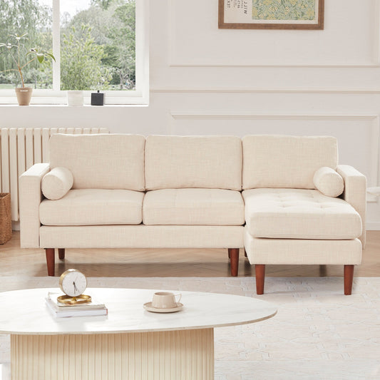 Divano componibile a L a 3 posti in lino beige 80 con chaise longue reversibile, cuscini di seduta trapuntati e robusta struttura in legno