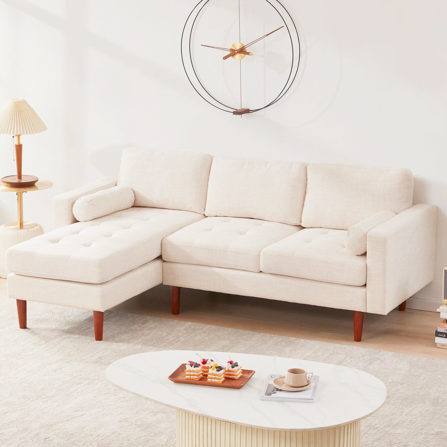 Divano componibile a 3 posti a L in lino beige 80 con chaise longue reversibile, cuscino di seduta trapuntato e robusta struttura in legno