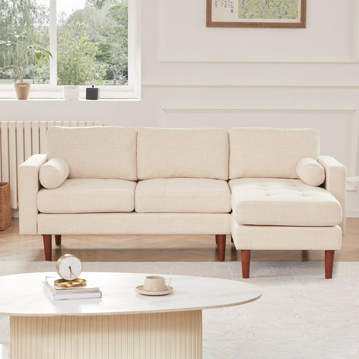 Divano componibile a L in lino beige da 80'' a 3 posti con chaise longue reversibile, cuscini di seduta trapuntati, robusta struttura in legno