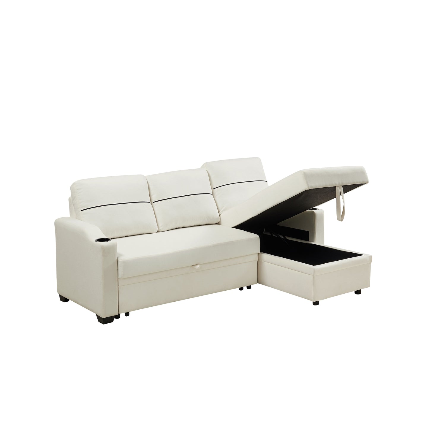 Divano a 3 posti in tessuto beige 81.9 con chaise longue contenitore, comodo divano con struttura in legno