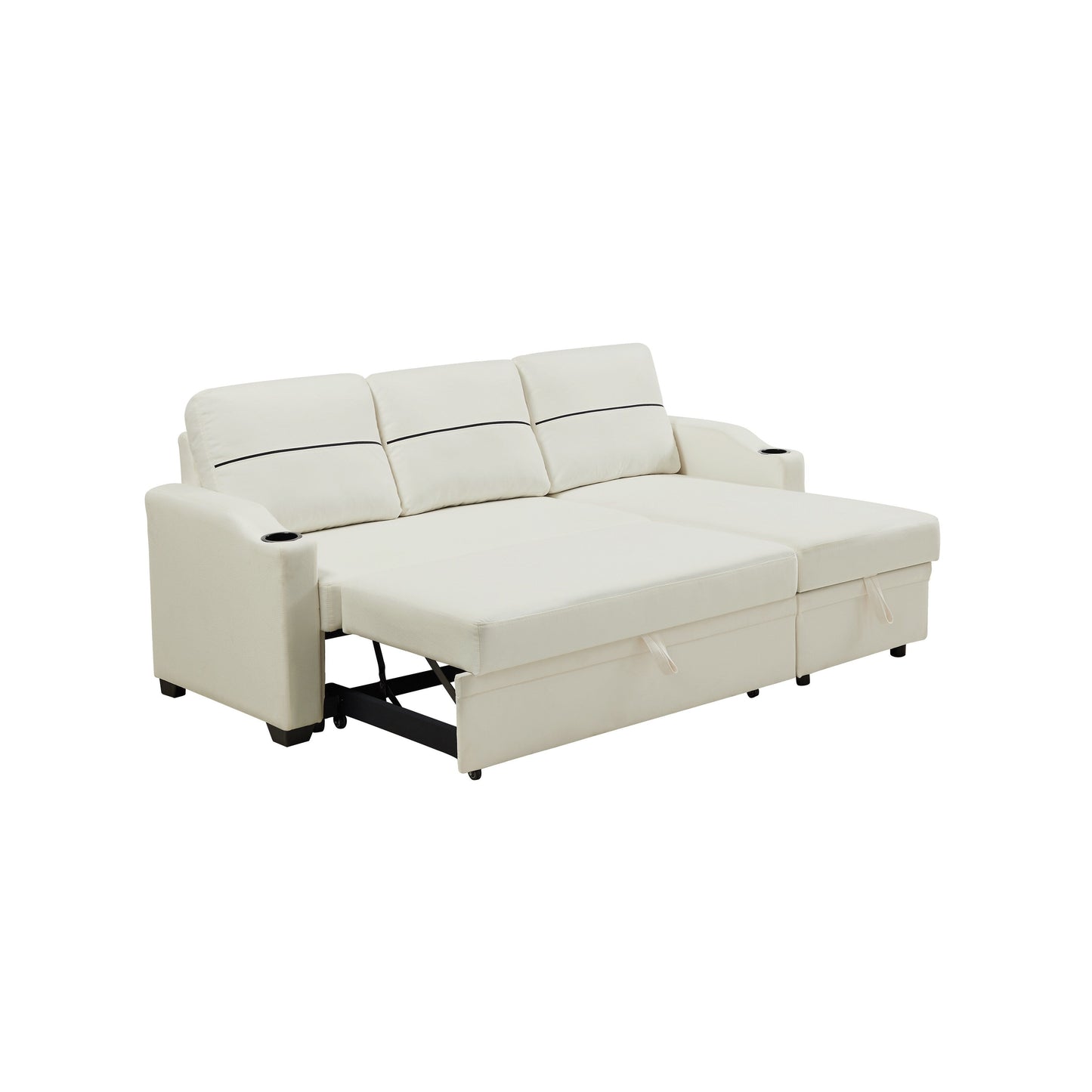Divano a 3 posti in tessuto beige 81.9 con chaise longue contenitore, comodo divano con struttura in legno
