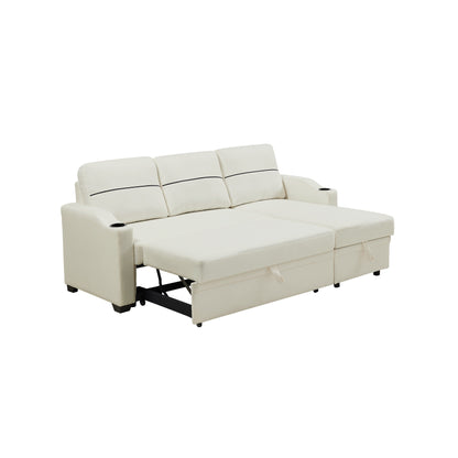 Divano beige da 81,9'' a 3 posti con chaise longue, contenitore e design facile da spostare con piedini in plastica e ruote in gomma