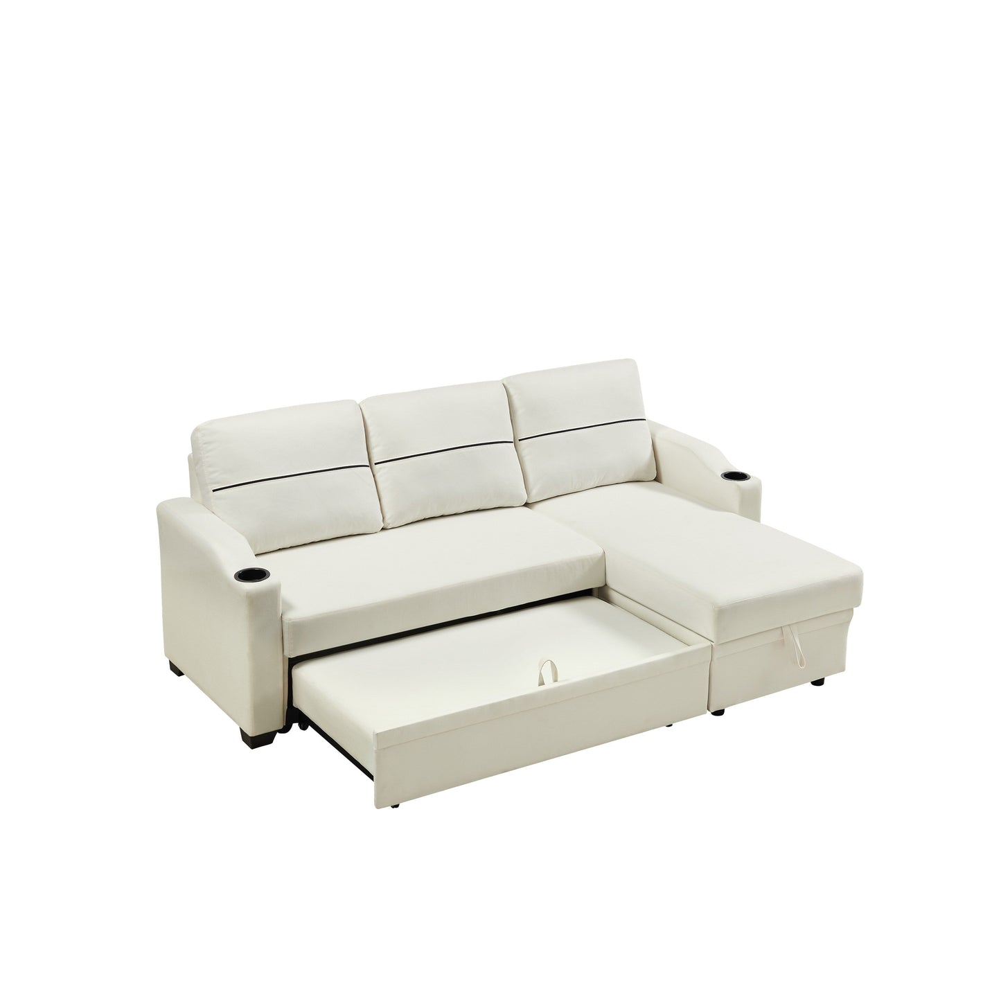 Divano beige da 81,9'' a 3 posti con chaise longue, contenitore e design facile da spostare con piedini in plastica e ruote in gomma