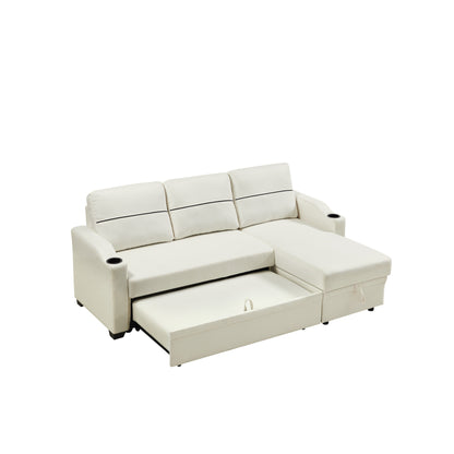 Divano a 3 posti in tessuto beige da 81,9'' con chaise longue contenitore, struttura in legno e ruote in metallo
