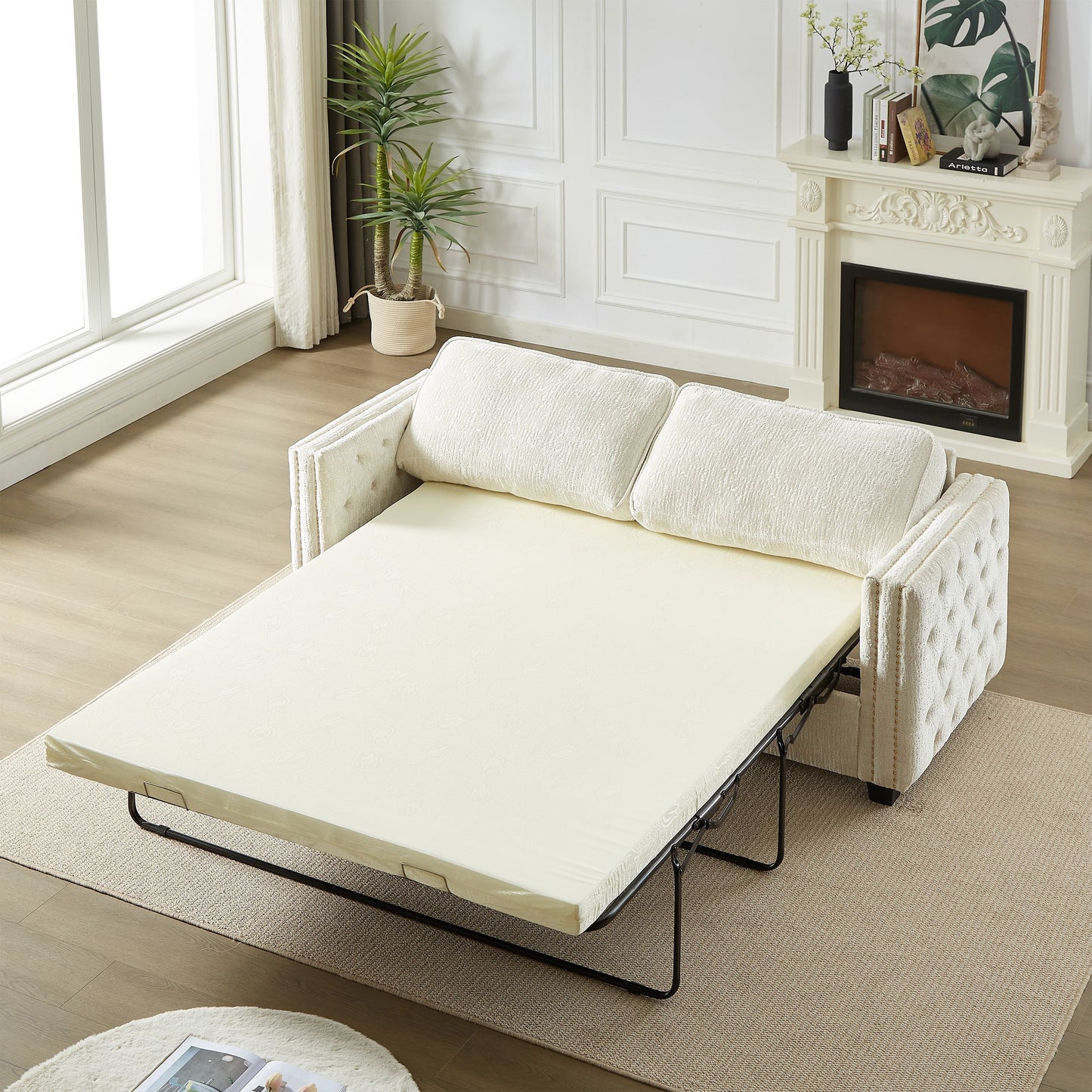 Divano letto a 3 posti beige 81 Chenille Nailheads con materasso in memory foam per soggiorno