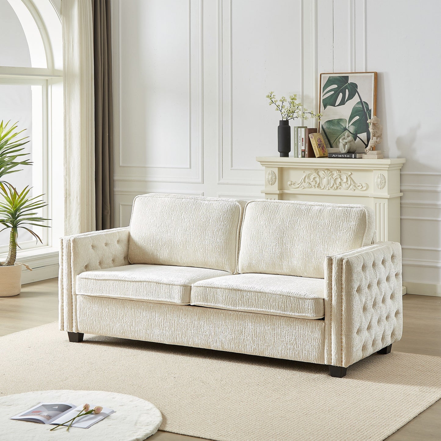 Divano letto a 3 posti beige 81 Chenille Nailheads con materasso in memory foam per soggiorno