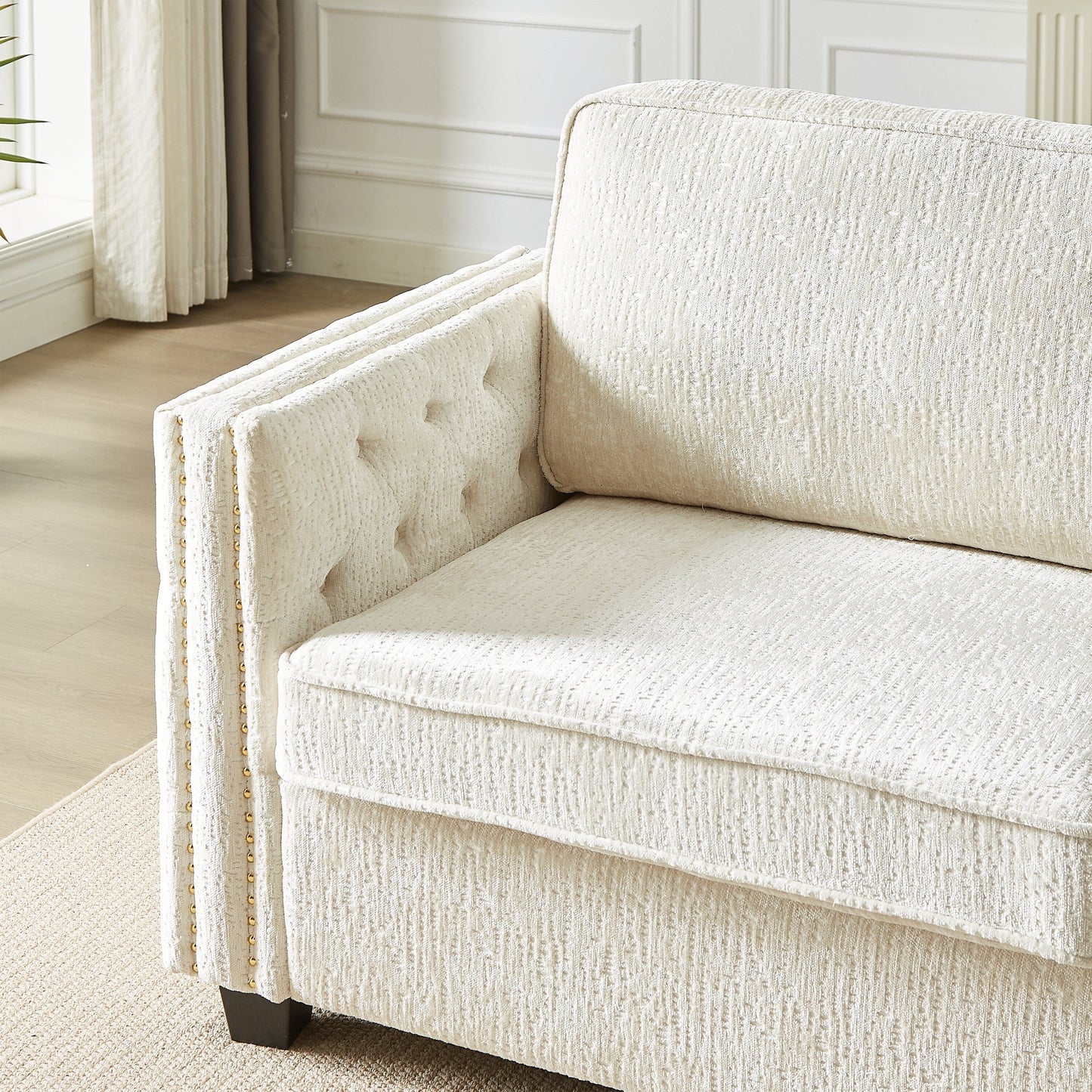 Divano letto a 3 posti beige 81 Chenille Nailheads con materasso in memory foam per soggiorno