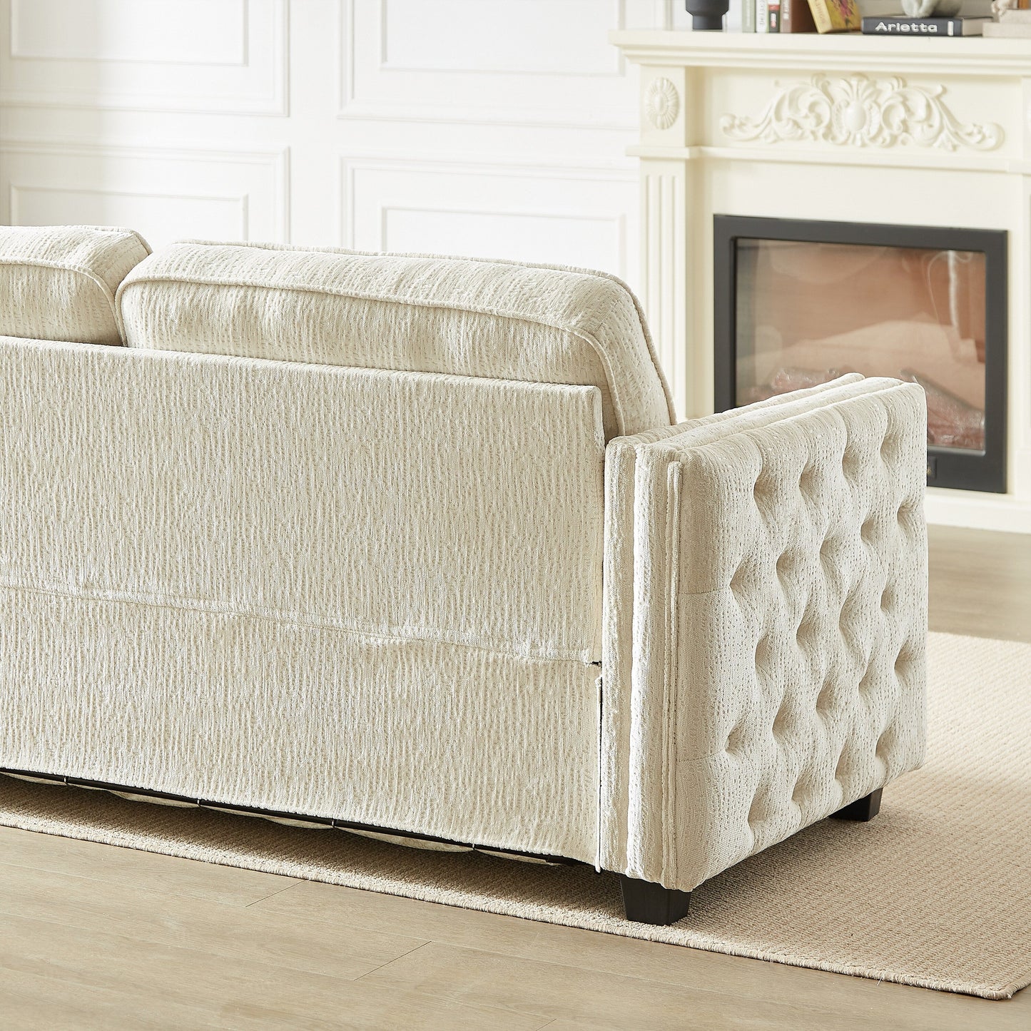 Divano letto a 3 posti beige 81 Chenille Nailheads con materasso in memory foam per soggiorno