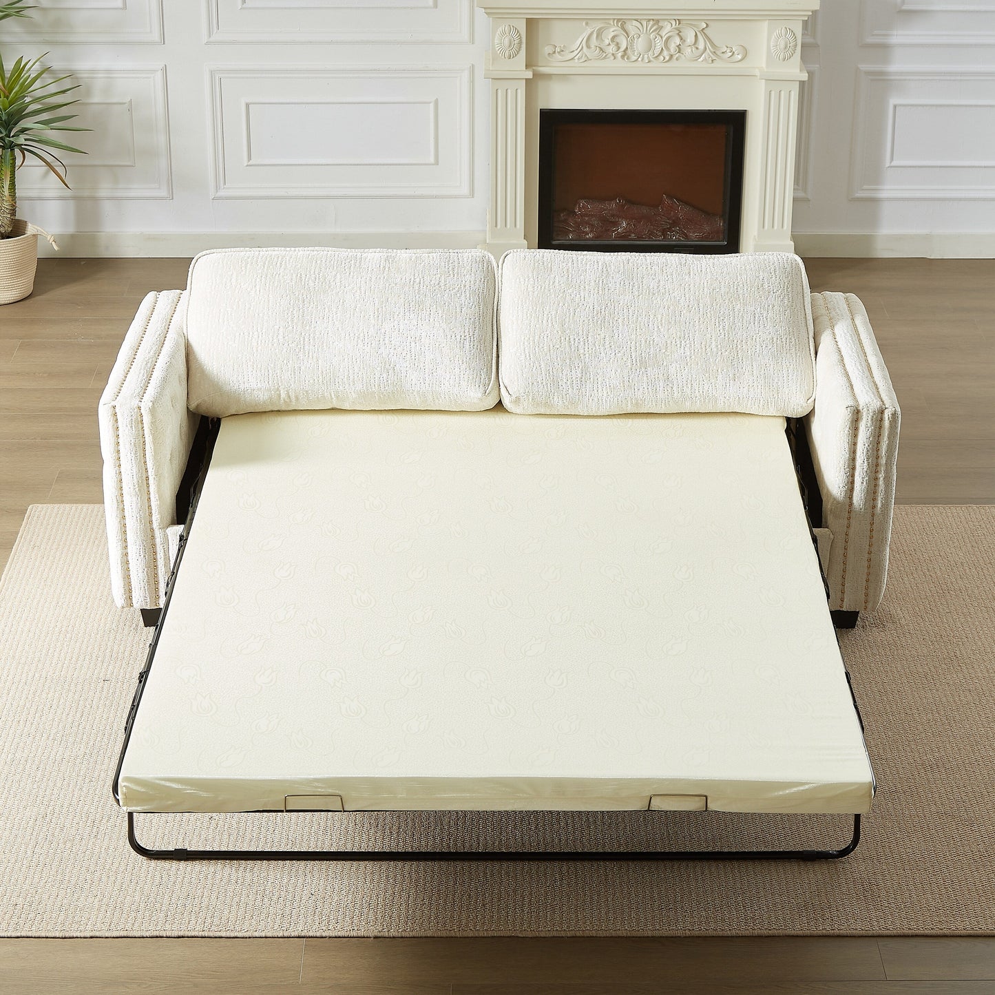 Divano letto a 3 posti beige 81 Chenille Nailheads con materasso in memory foam per soggiorno