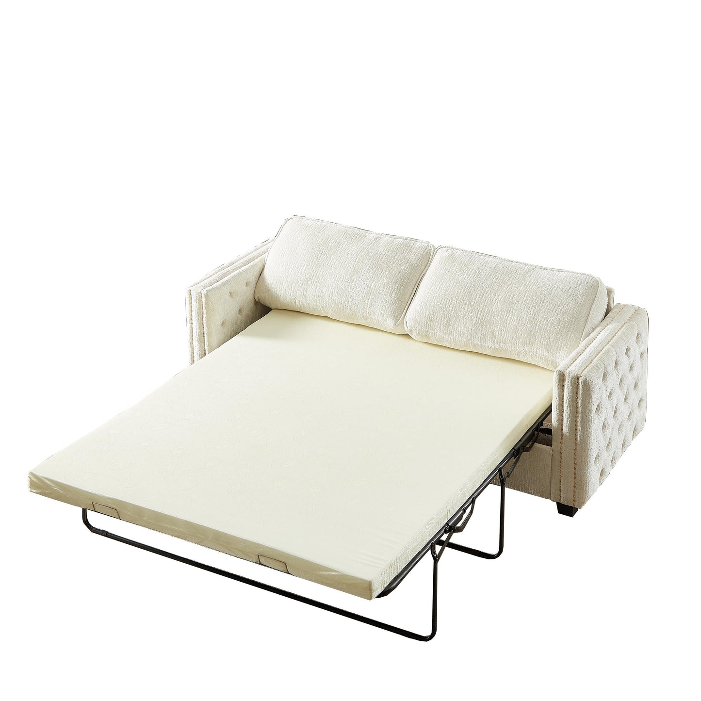 Divano letto a 3 posti beige 81 Chenille Nailheads con materasso in memory foam per soggiorno
