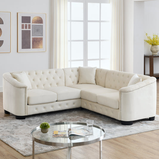 Divano angolare Chesterfield in velluto beige da 82'' con finiture a borchie