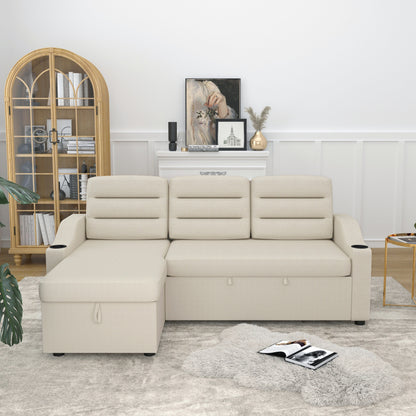 Divano letto trasformabile beige da 83,5'' con letto estraibile, illuminazione a LED, porte USB e chaise longue contenitore