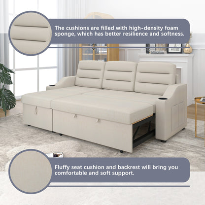 Divano letto trasformabile beige da 83,5'' con letto estraibile, illuminazione a LED, porte USB e chaise longue contenitore