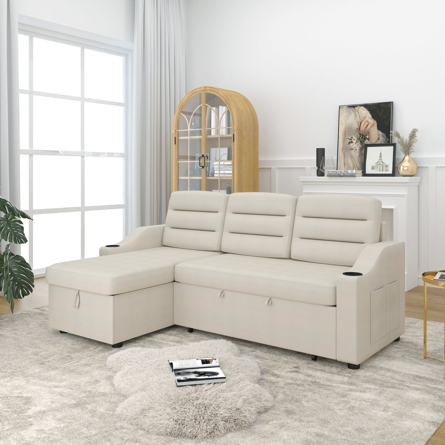 Divano letto trasformabile beige da 83,5'' con letto estraibile, illuminazione a LED, porte USB e chaise longue contenitore