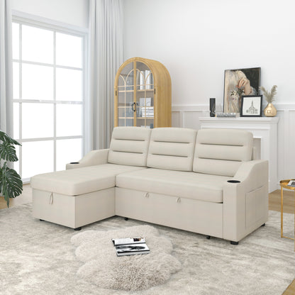Divano letto trasformabile beige da 83,5'' con letto estraibile, illuminazione a LED, porte USB e chaise longue contenitore
