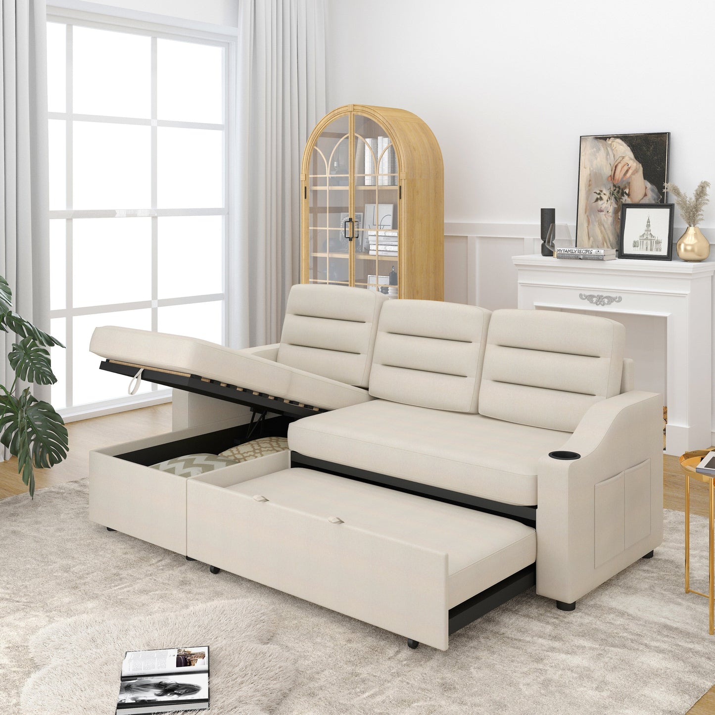 Divano letto trasformabile beige da 83,5'' con letto estraibile, illuminazione a LED, porte USB e chaise longue contenitore