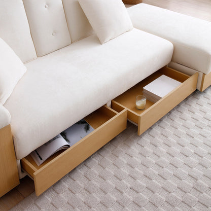 Divano letto trasformabile a 3 posti in cotone e lino beige 84,65 con pouf contenitore, tavolo a ribalta, 2 cassetti
