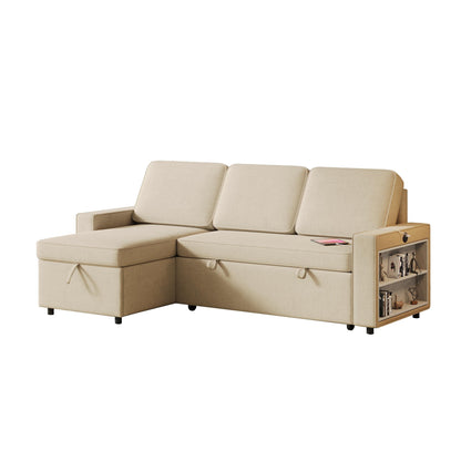 Divano letto a L in tessuto beige da 85,8'' a 3 posti con letto estraibile, chaise longue contenitore, porte USB e ripiani