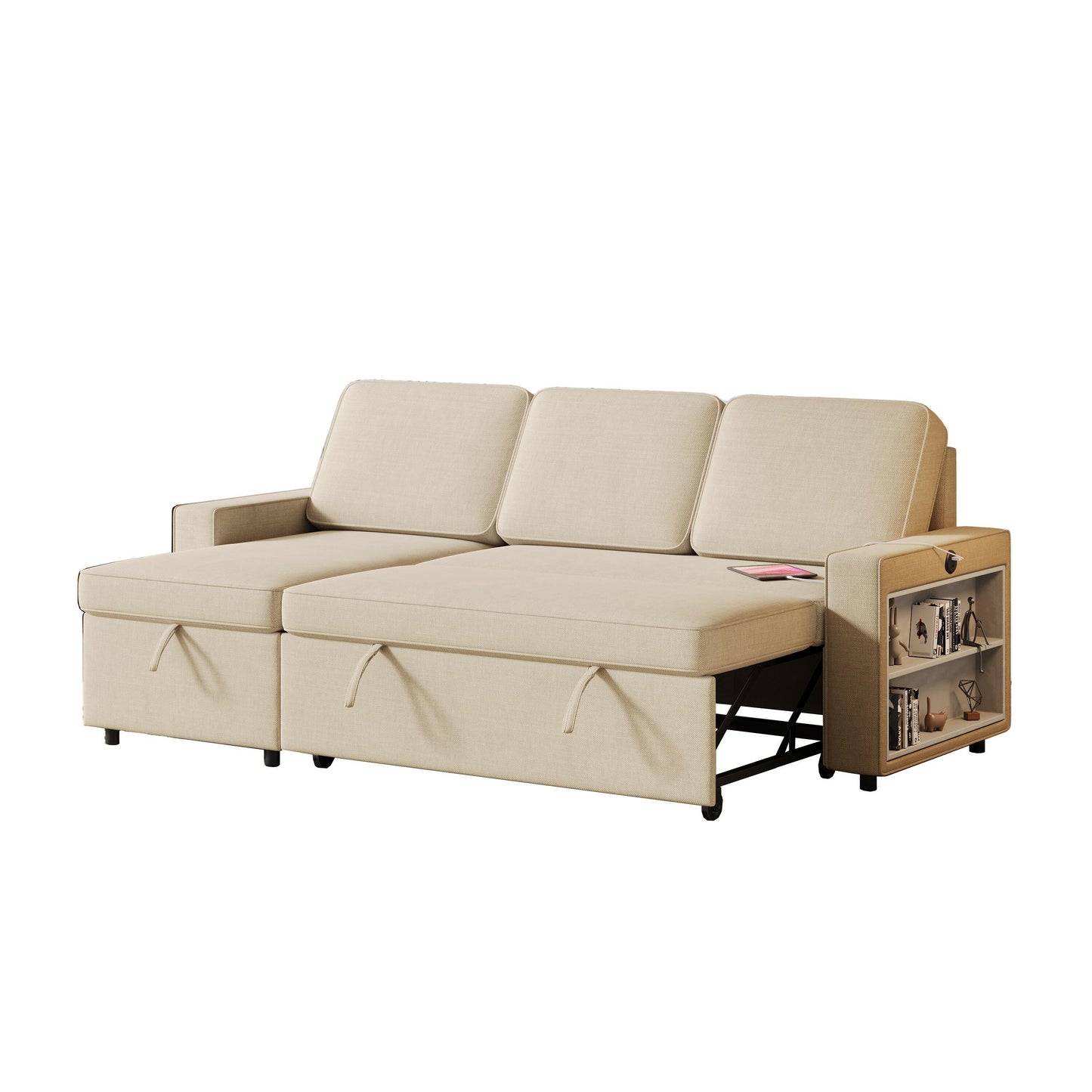 Divano letto a L in tessuto beige da 85,8'' a 3 posti con letto estraibile, chaise longue contenitore, porte USB e ripiani