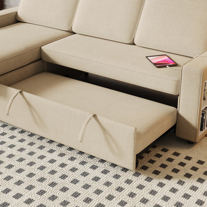 Divano letto a L in tessuto beige da 85,8'' a 3 posti con letto estraibile, chaise longue contenitore, porte USB e ripiani
