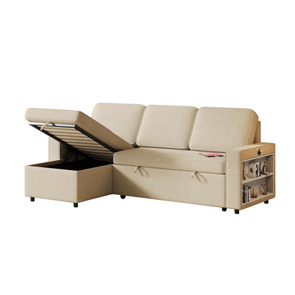 Divano letto a L in tessuto beige da 85,8'' a 3 posti con letto estraibile, chaise longue contenitore, porte USB e ripiani