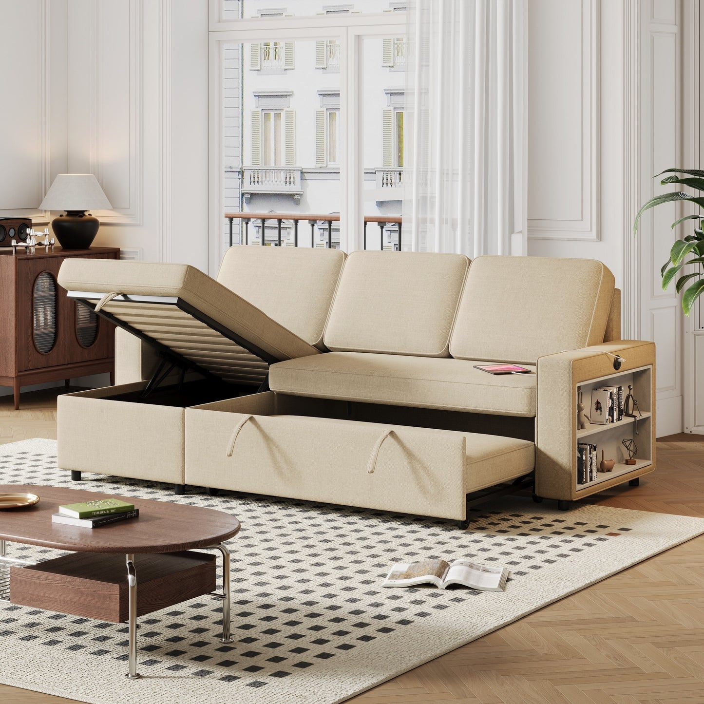 Divano letto a L in tessuto beige da 85,8'' a 3 posti con letto estraibile, chaise longue contenitore, porte USB e ripiani