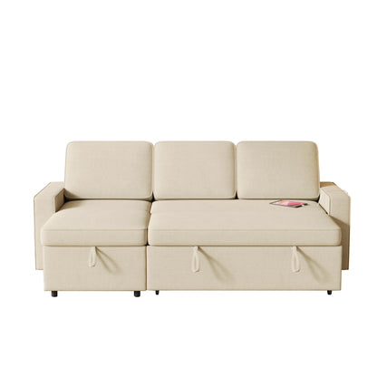 Divano letto a L in tessuto beige da 85,8'' a 3 posti con letto estraibile, chaise longue contenitore, porte USB e ripiani