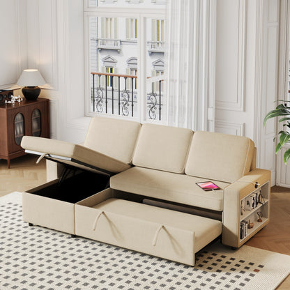 Divano letto a L in tessuto beige da 85,8'' a 3 posti con letto estraibile, chaise longue contenitore, porte USB e ripiani