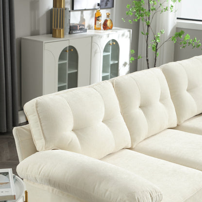 Divano a 3 posti a L in tessuto beige da 85'' con chaise longue, struttura in legno e rinforzo per cuscino a molle