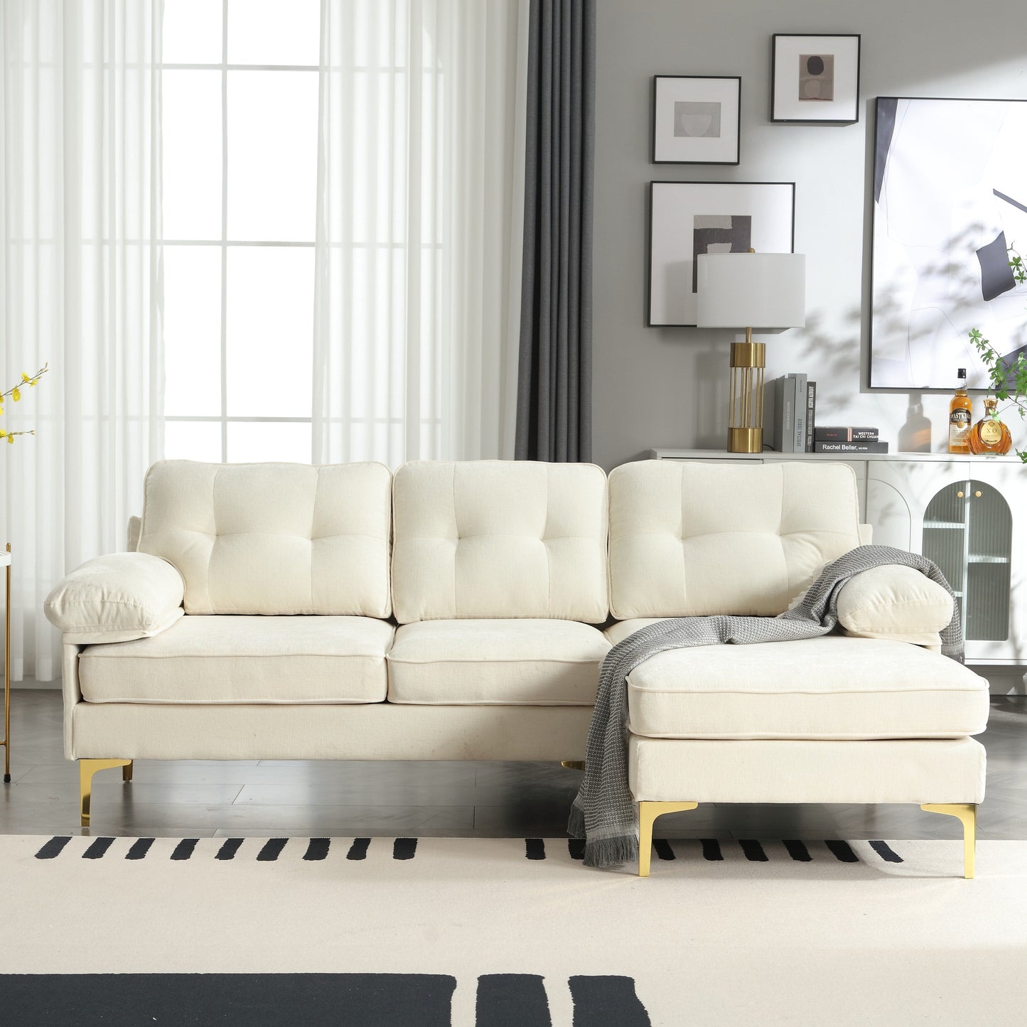 Divano a 3 posti beige da 85'' a L con chaise longue e cuscino a molle
