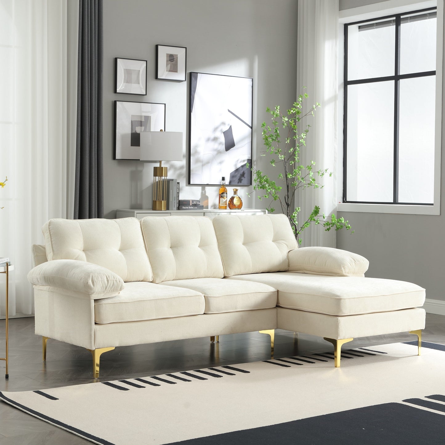 Divano a 3 posti beige da 85'' a L con chaise longue e cuscino a molle