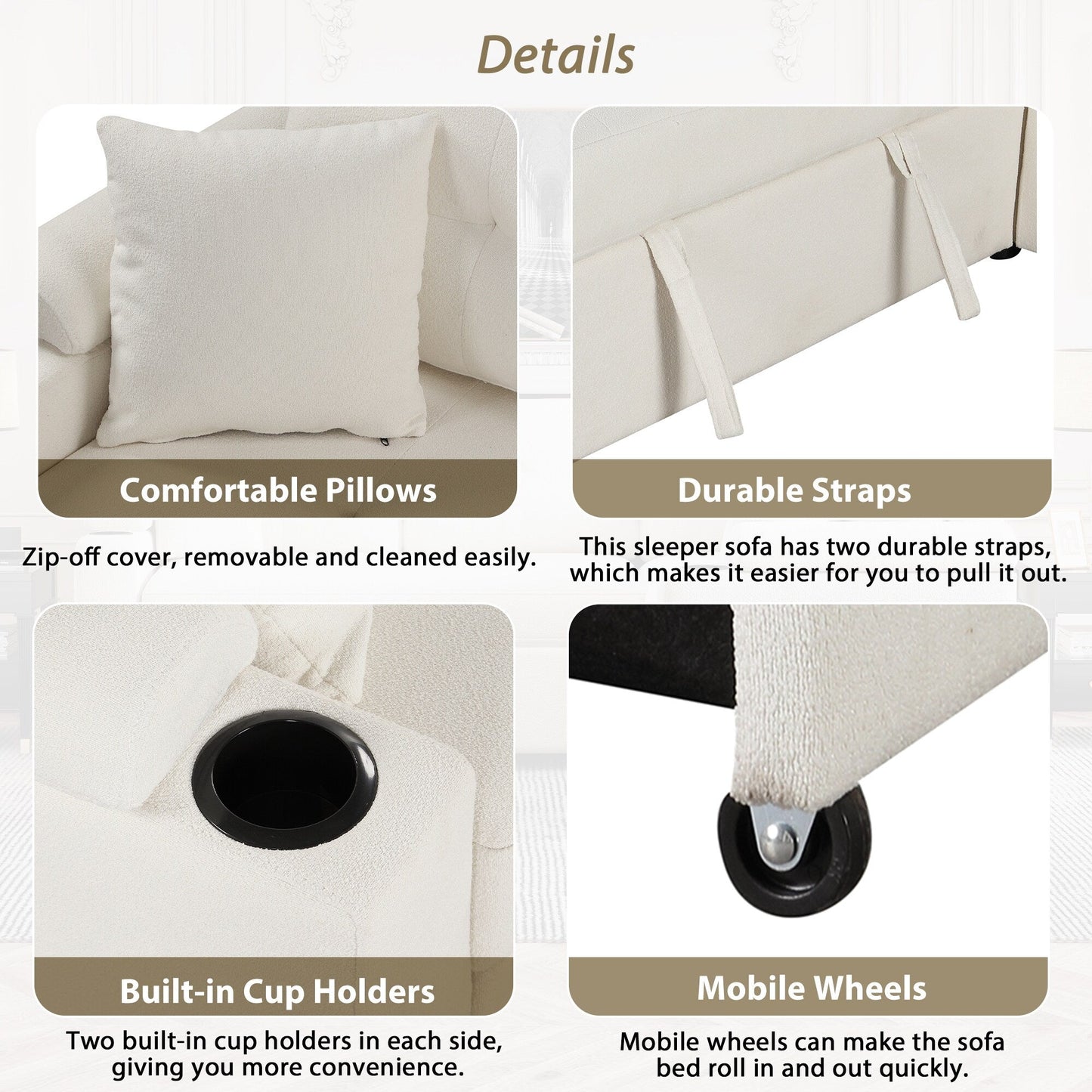 Divano letto beige in tessuto da 87,4'' a 3 posti con letto estraibile, ruote, porte USB, prese di corrente e portabicchieri integrati