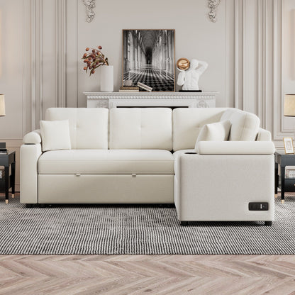 Divano letto beige in tessuto da 87,4'' a 3 posti con letto estraibile, ruote, porte USB, prese di corrente e portabicchieri integrati
