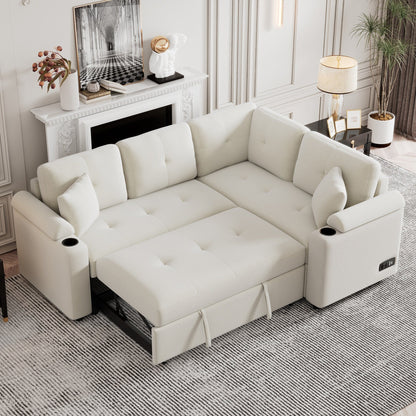 Divano letto beige in tessuto da 87,4'' a 3 posti con letto estraibile, ruote, porte USB, prese di corrente e portabicchieri integrati
