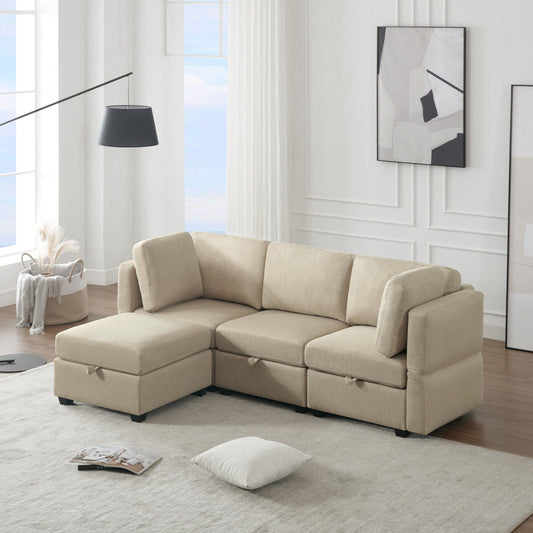 Divano componibile modulare beige da 87,9'' a 3 posti con pouf, schienali e braccioli regolabili, sedili contenitore e cuscini spessi