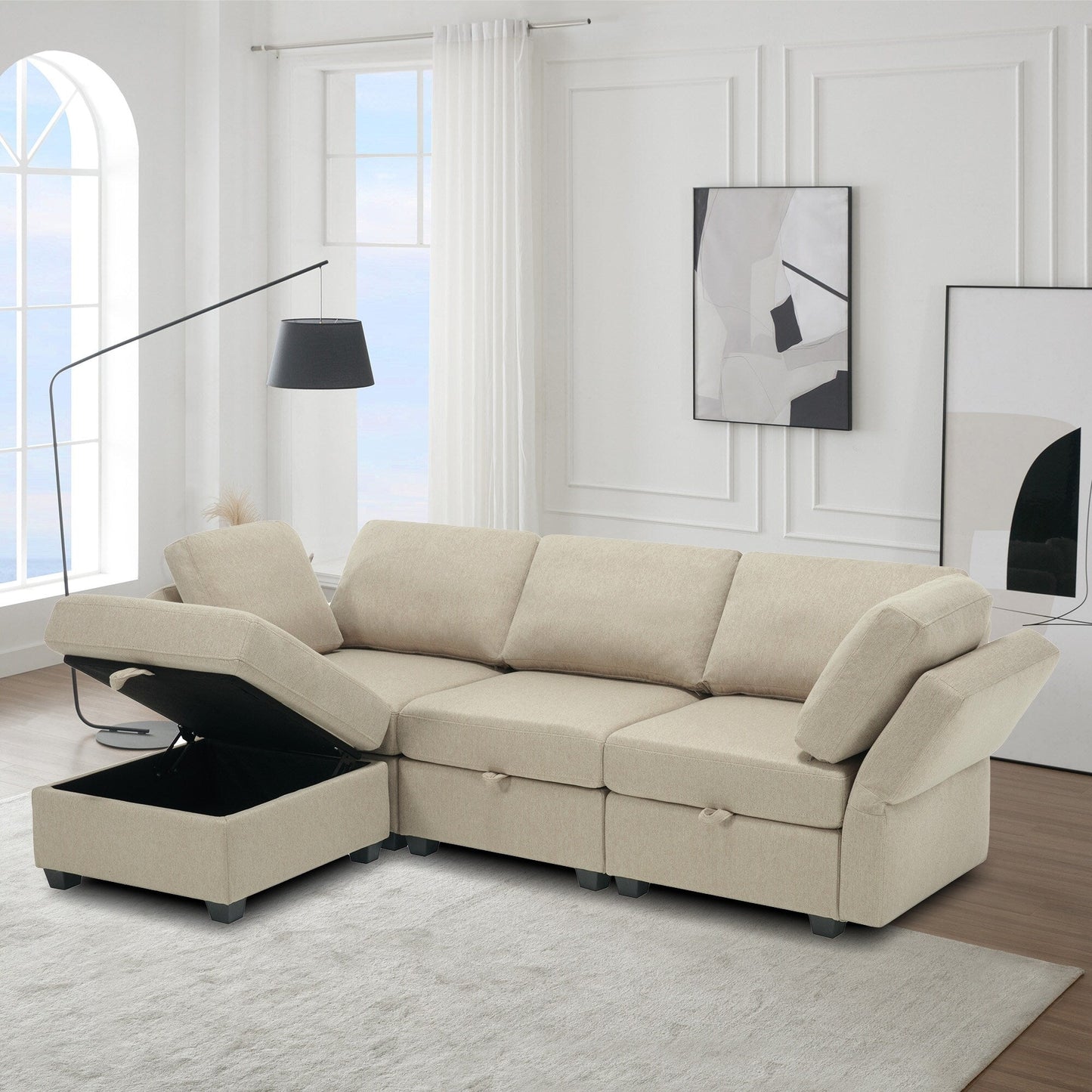 Divano componibile modulare beige da 87,9'' a 3 posti con pouf, schienali e braccioli regolabili, sedili contenitore e cuscini spessi