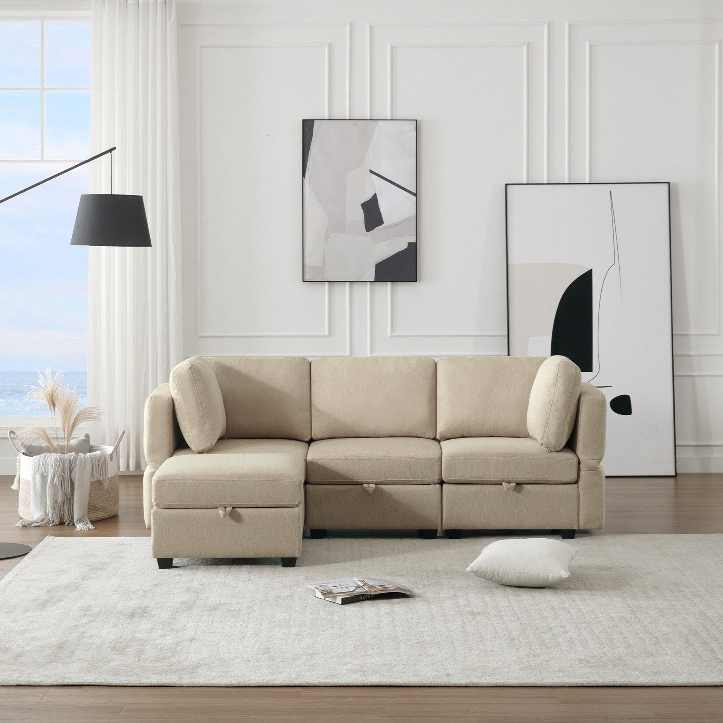 Divano componibile modulare beige da 87,9'' a 3 posti con pouf, schienali e braccioli regolabili, sedili contenitore e cuscini spessi