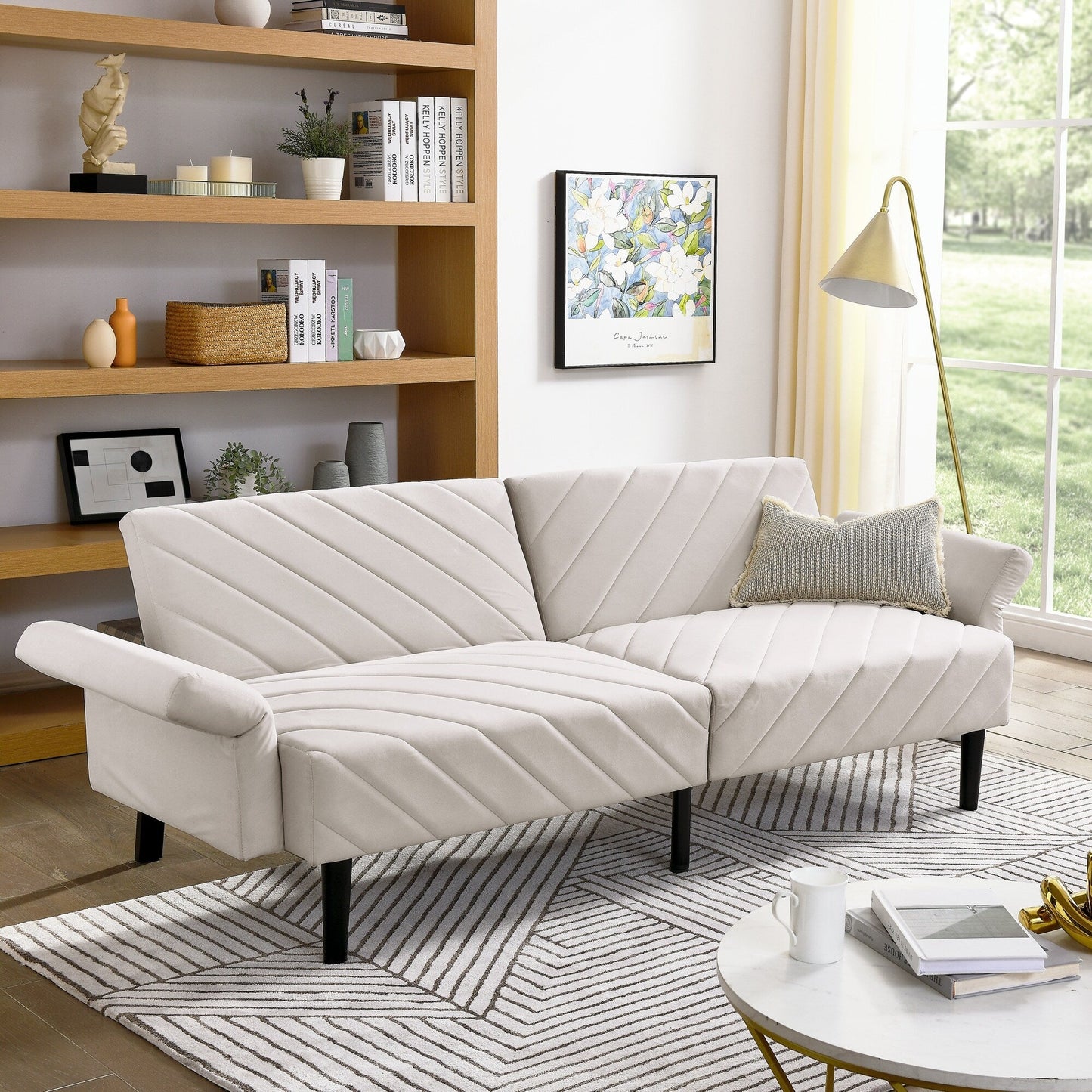 Divano letto futon trasformabile in velluto beige 87 con braccioli regolabili per soggiorno