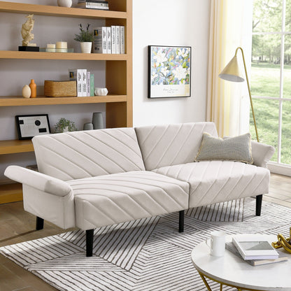 Divano letto futon trasformabile in velluto beige 87 con braccioli regolabili per soggiorno
