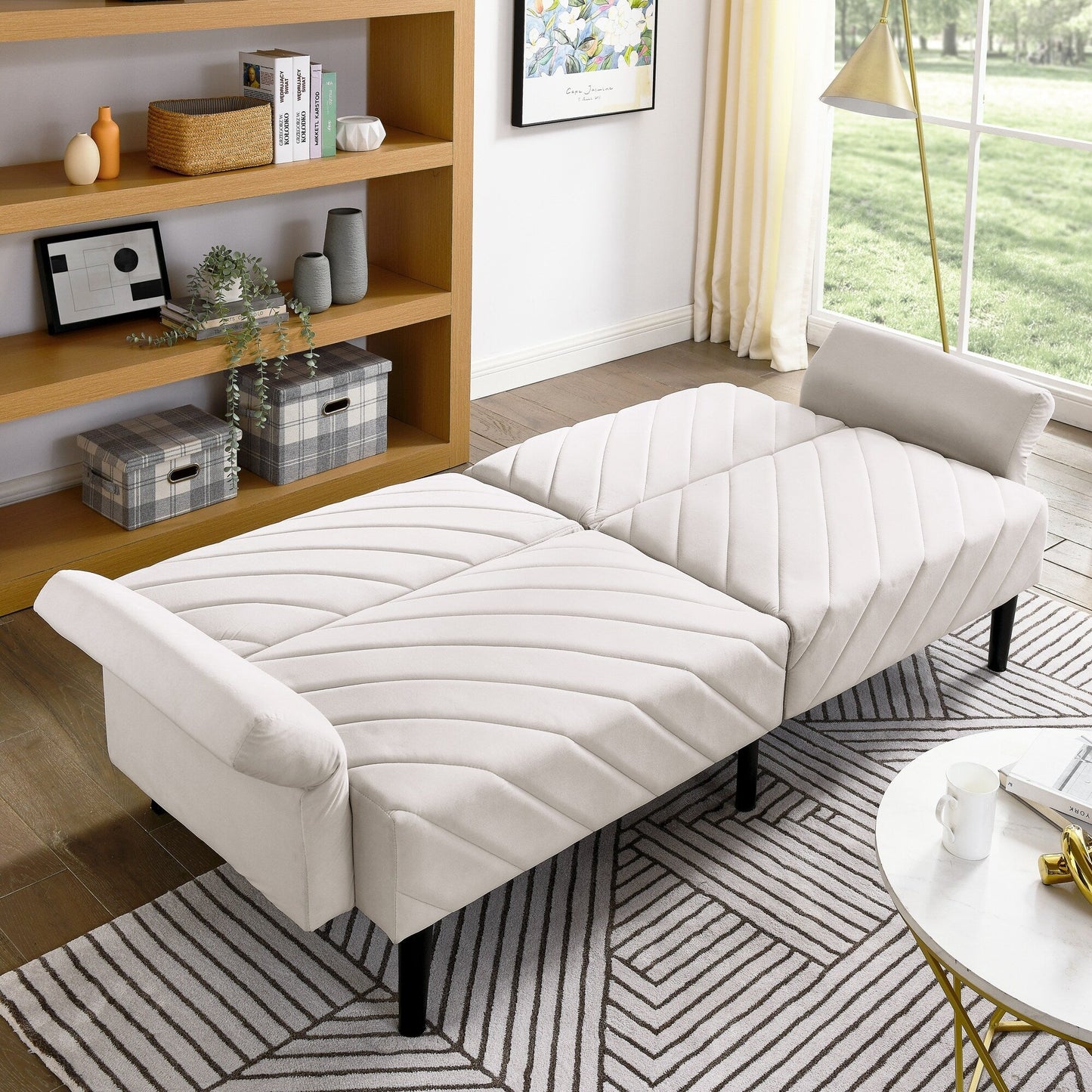 Divano letto futon trasformabile in velluto beige 87 con braccioli regolabili per soggiorno